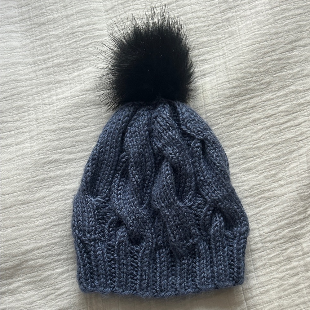 Cozy Blue Knit Beanie with Black Pom